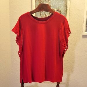 Belle by Kim Gravel Red Eyelet Sleeve Blouse Size XL
